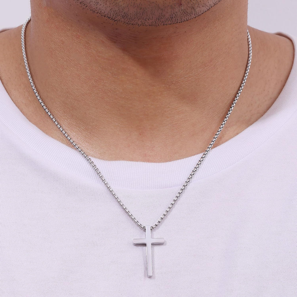 Fiusem Silver Cross Necklace for Men, Small Stainless Steel Pendant 26 Inch