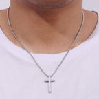 Fiusem Silver Cross Necklace for Men, Small Stainless Steel Pendant 26 Inch