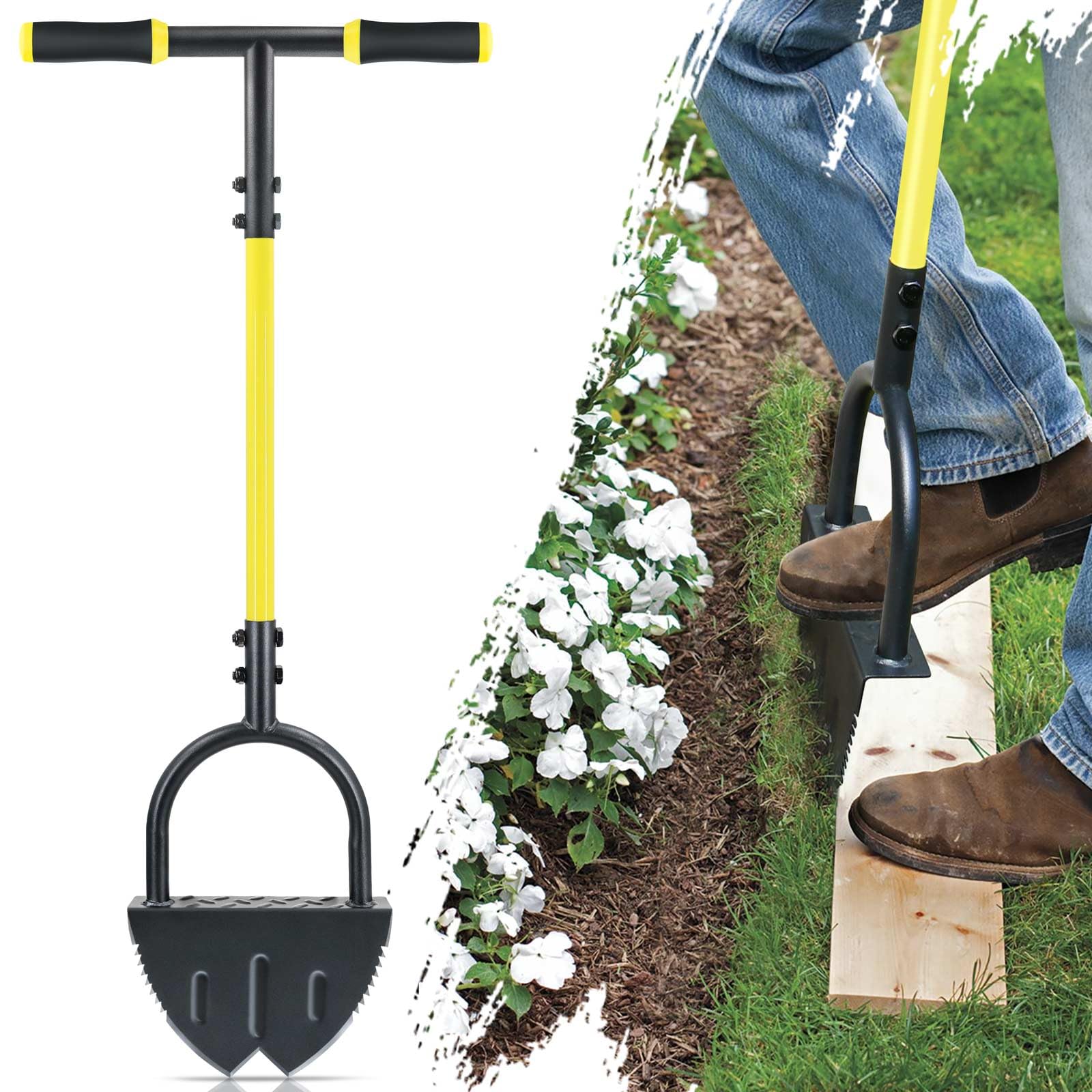 Jardineer Edger Lawn Tool Manual, Manual Half Moon Edger with Double V-Shaped Serrated Edge Blade and Wider Handle, Edging Tool for Landscaping, Sidewalks, Lawn Border, Flower Bed and Yard
