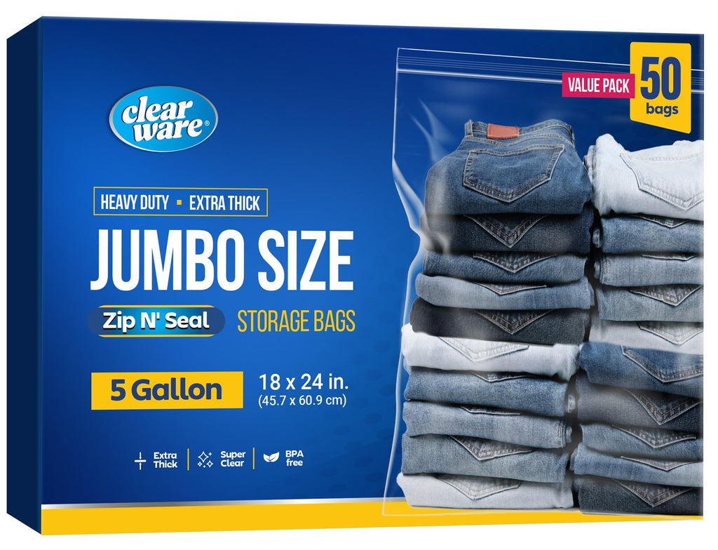 Clearware 50 Large Storage Bags With Zipper Top - 5 Gallon Bags 18" x 24", Extra Plastic for Clothes, Travel, Moving, Reusable freezer bags, BPA-Free, 2-mil Thick