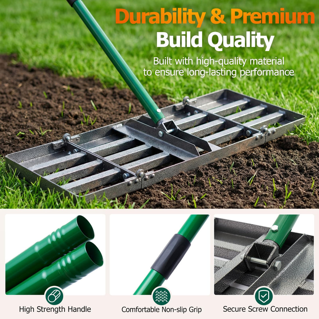 30"x10" Lawn Leveling Rake, Heavy Duty Lawn Leveler with 33"-77" Adjustable Handle, Foldable Ground Leveling Tool for Soil, Sand, Gravel, Ergonomic Design for Lawns, Golf Courses and Backyards