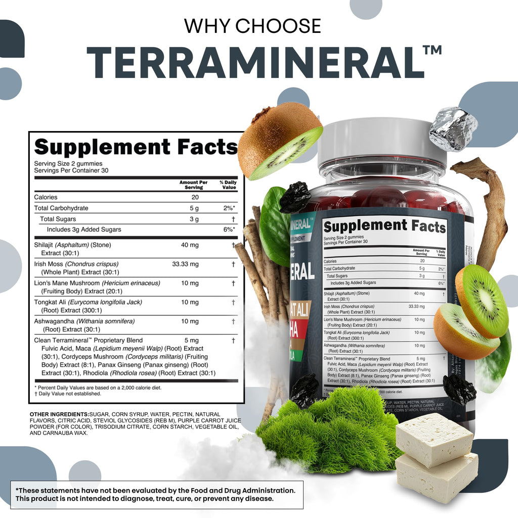 Terramineral Shilajit Gummies with Irish Sea Moss Tongkat Ali Ashwagandha Lion's Mane MACA Panax Ginseng Rhodiola & Cordyceps by Clean Nutra (1)