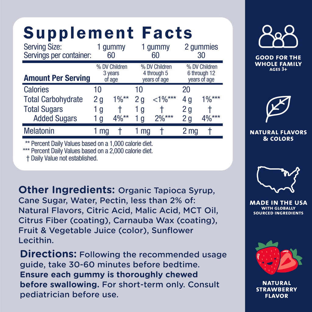 Mommy's Bliss Kids Sleep Gummies with Melatonin, Support Your Natural Sleep Process, Age 3 Years to Adults, Strawberry Flavor, 1G of Sugar, 60 Gummies (Pack of 3)