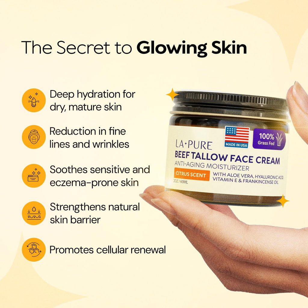 LA PURE Beef Tallow for Skin, Grass-Fed Tallow Face Cream with Aloe Vera, Hyaluronic Acid, Frankincense & Vitamin E to Hydrate, Firm, and Smooth Skin, Non-Greasy Moisturizer, Citrus Scent, 2 oz