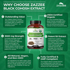 Zazzee USDA Organic Black Cohosh 10:1 Extract, 3000 mg Strength, 120 Vegan Capsules, 4 Month Supply, Standardized and Concentrated 10X Extract, 100% Vegetarian, All-Natural, Non-GMO, Made in The USA