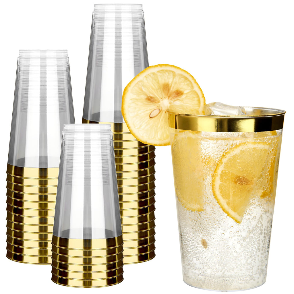 RACETOP 100 Pack 14oz Gold Rimmed Plastic Cups, Heavy Duty Disposable Glasses, Elegant Gold Rimmed Disposable Hard Cups for Party, Thanksgiving, Wine Taesting, Birthday and Christmas.
