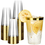 RACETOP 100 Pack 14oz Gold Rimmed Plastic Cups, Heavy Duty Disposable Glasses, Elegant Gold Rimmed Disposable Hard Cups for Party, Thanksgiving, Wine Taesting, Birthday and Christmas.