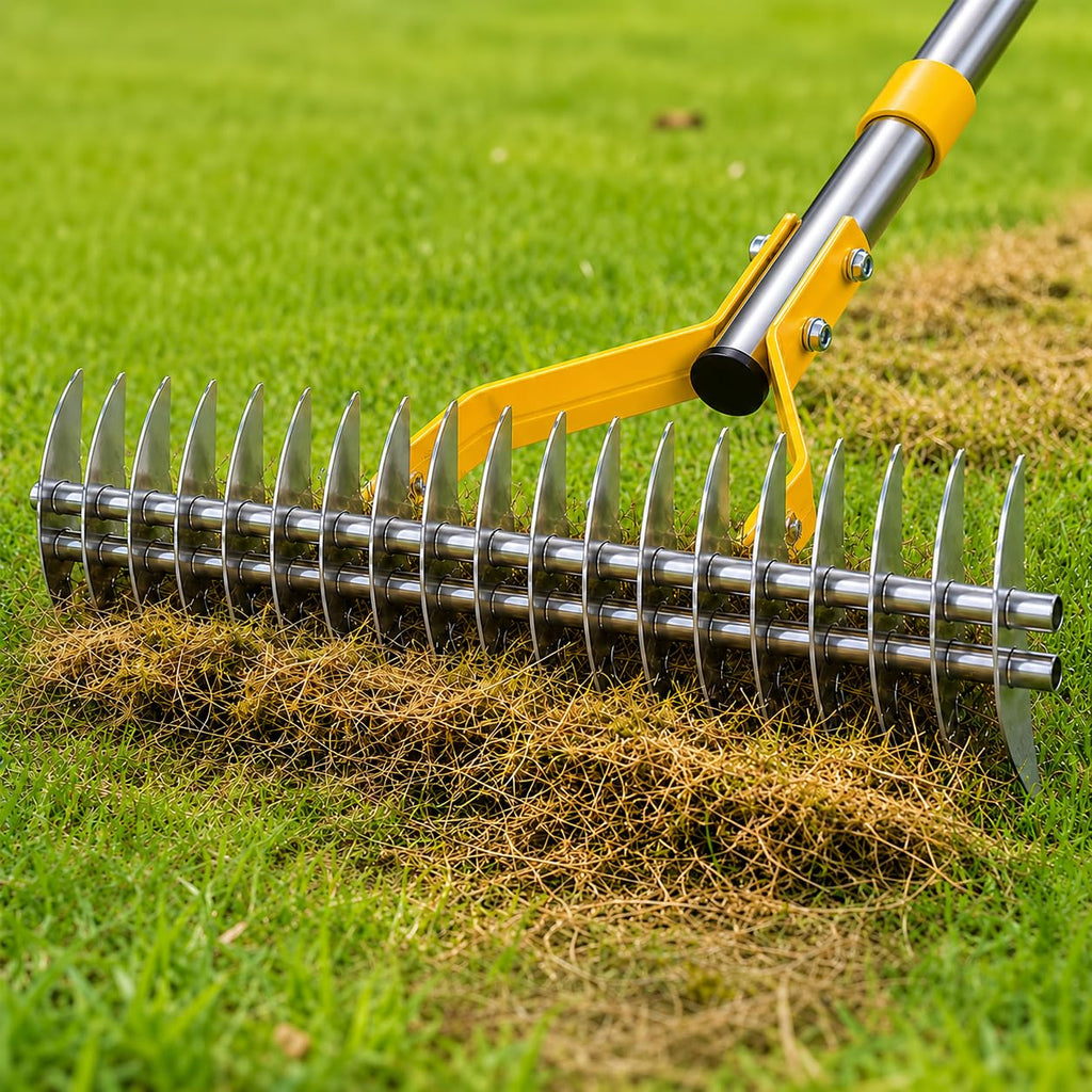 Heavy Duty Thatch Rake for Lawns, 15" Dual-Sided Dethatching Rake with Sharp Steel Tines, Manual Dethatcher and Scarifier Tool for Dead Grass, Moss & Thatch Removal, 70" Adjustable Long Handle