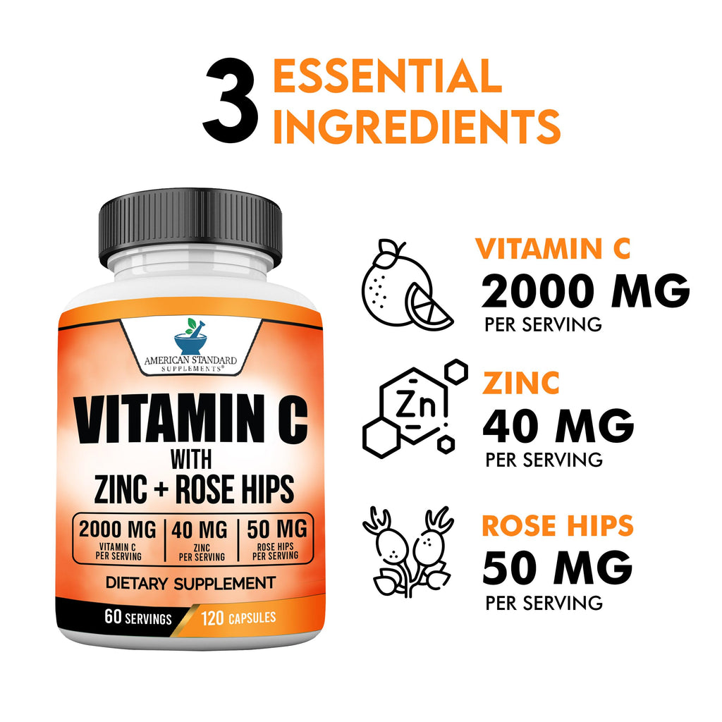 American Standard Supplements Vitamin C 2000mg, Zinc 40mg, and Rose HIPS 50mg Per Serving, Vegan, Gluten Free, Non-GMO (120 Count)