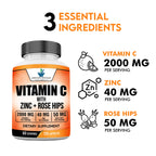 American Standard Supplements Vitamin C 2000mg, Zinc 40mg, and Rose HIPS 50mg Per Serving, Vegan, Gluten Free, Non-GMO (120 Count)