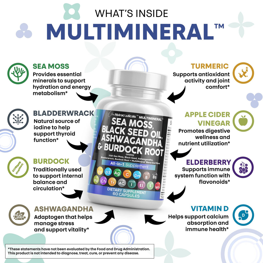 Clean Nutraceuticals Sea Moss Black Seed Oil Ashwagandha Turmeric Bladderwrack Burdock & Vitamin C Vitamin D3 with Elderberry Manuka Dandelion Yellow Dock Iodine Chlorophyll ACV