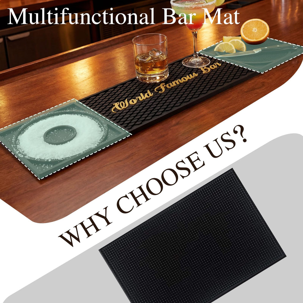 Bar Mat 3-in-1 Non-Slip Bartender Mat, Bar Accessories Countertop Mat 24 x 6 Inch with Spill Catching Surface, Bar Drip Mat for Home, Outdoor & RV Bar Setup（Black）