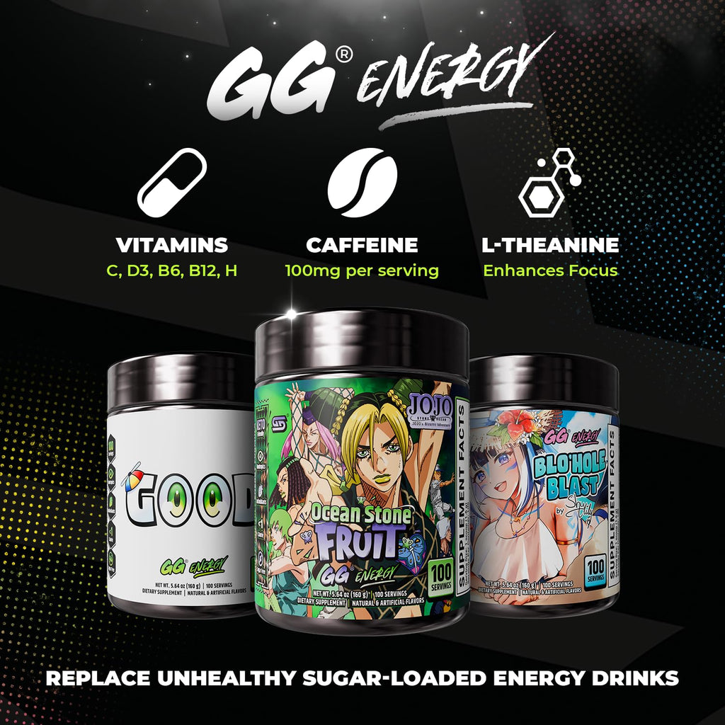 Gamer Supps GG Energy - JoJo's Ocean Stone Fruit (100 Servings) - Keto Friendly Gaming Energy and Nootropic Blend, Sugar Free + Caffeine + Vitamins + Immune Support, Powder Drink