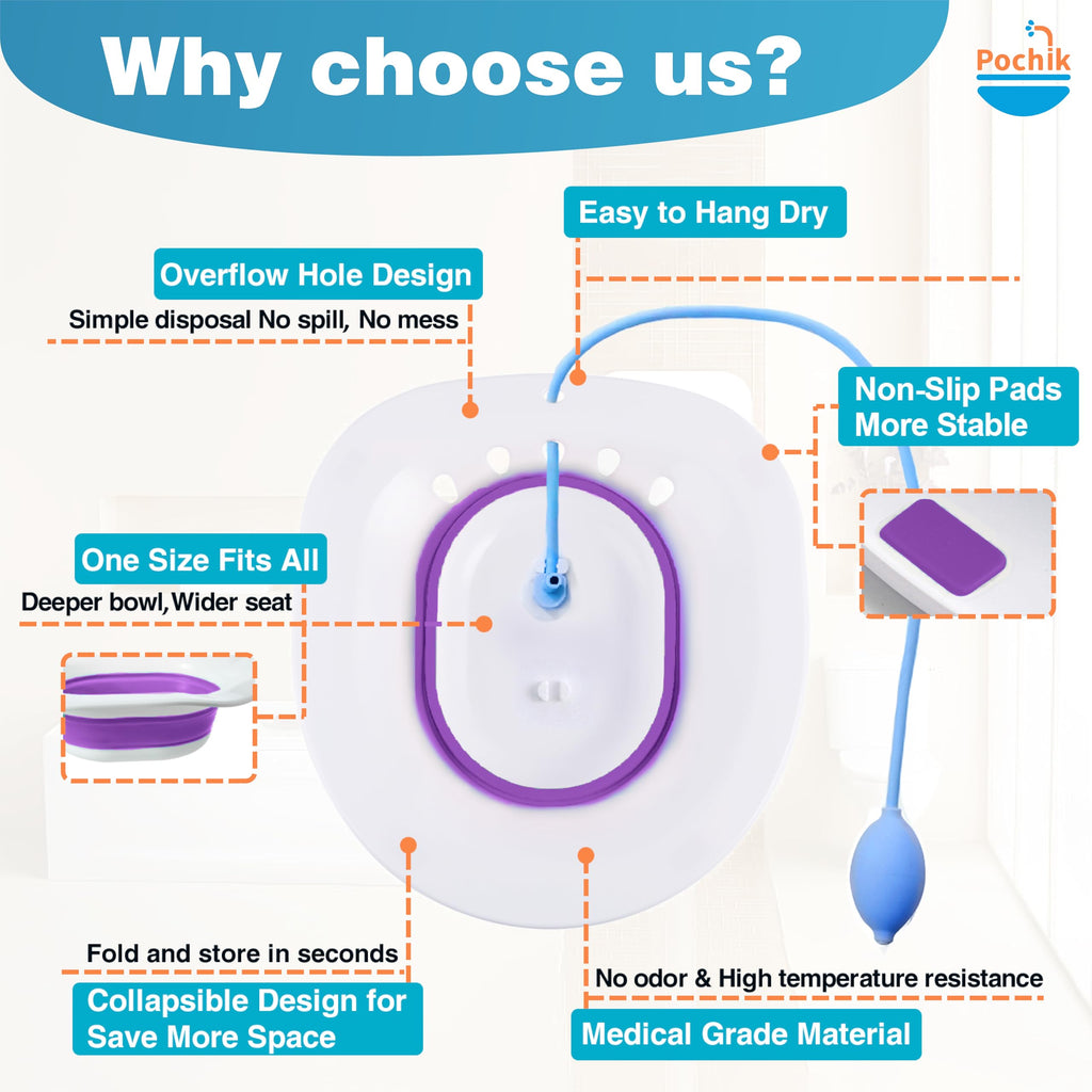 Pochik Sitz Bath for Toilet Seat Hemorrhoids and Postpartum Care, Yoni Steam Seat, Perineal Soaking, Collapsible, Flusher Hose, Drain Holes, Wider Seating Area - Purple