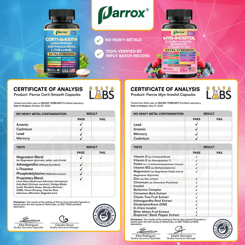 Parrox Cortisol & Myo-Inositol Supplement Bundle, Soothe & Smooth Bundle, 13-in-1 Cortisol Balance, Magnesium, Ashwagandha, L-Theanine, D-Chiro Inositol, Folate, Berberine, Chasteberry (150 Capsules)