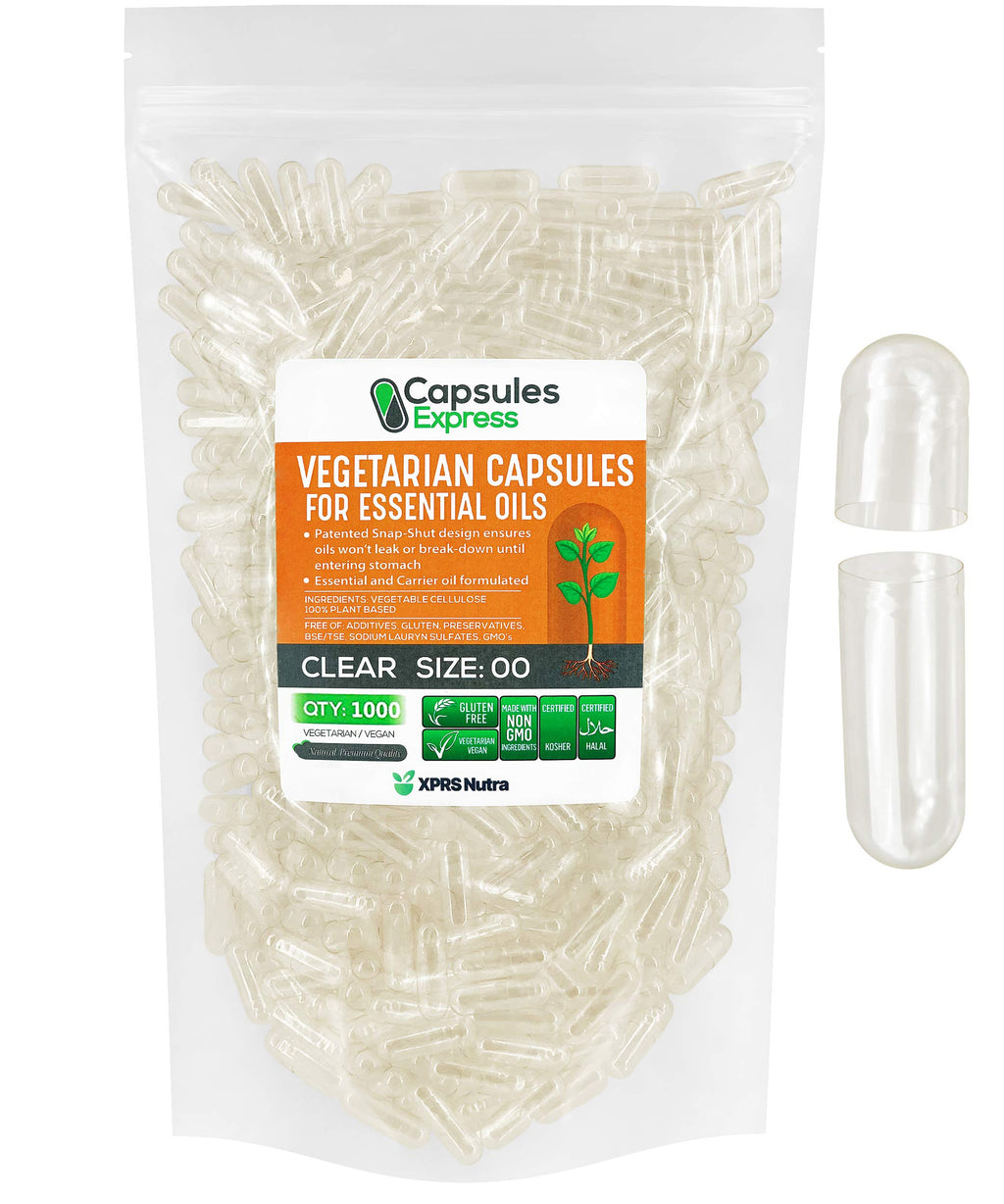 XPRS Nutra Size 00 Empty Vegan Capsules - 1000 Count Clear Veggie Capsules for Most Essential Oils - Empty Vegetable Pills - DIY Oil Filling