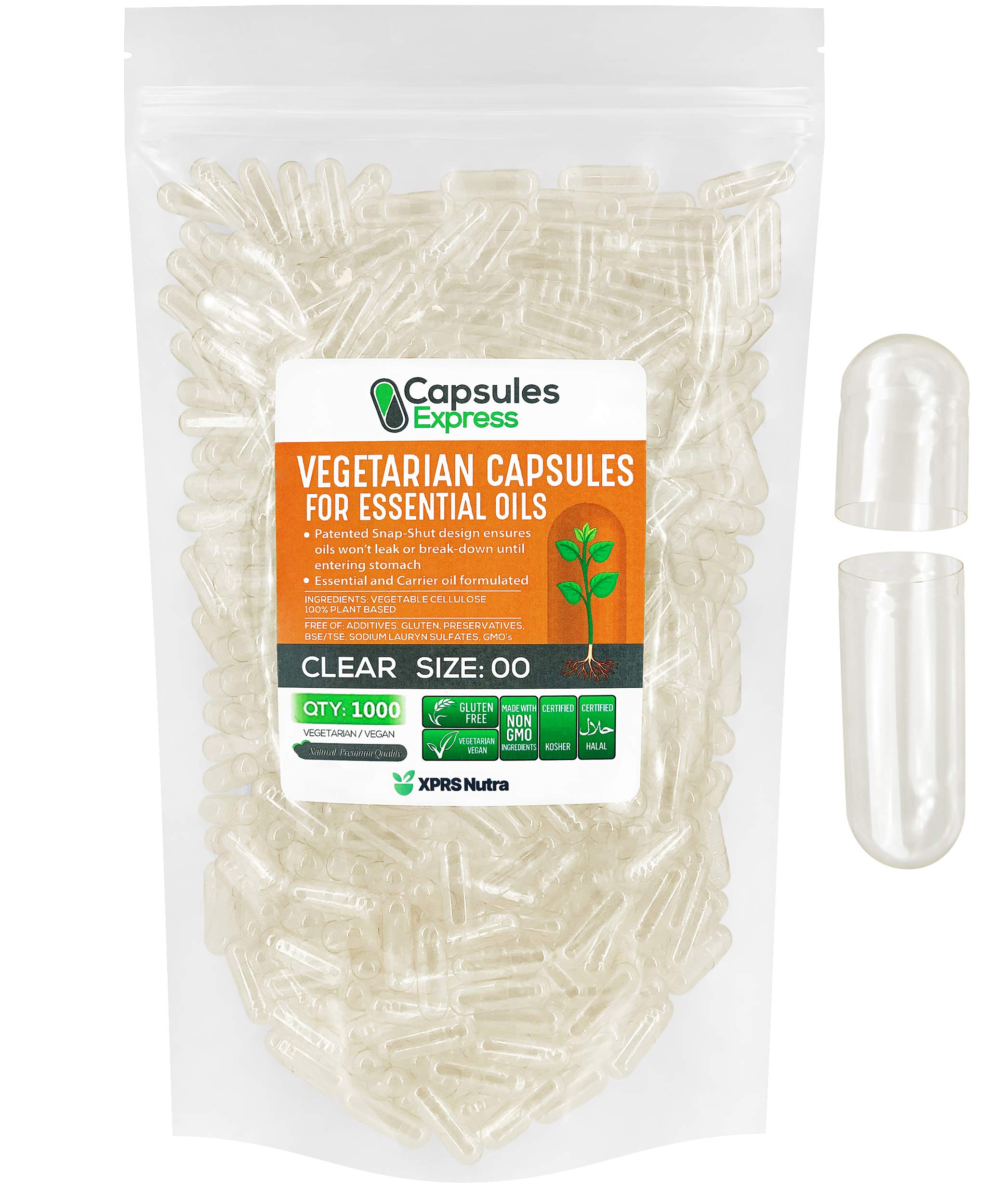 XPRS Nutra Size 00 Empty Vegan Capsules - 1000 Count Clear Veggie Capsules for Most Essential Oils - Empty Vegetable Pills - DIY Oil Filling