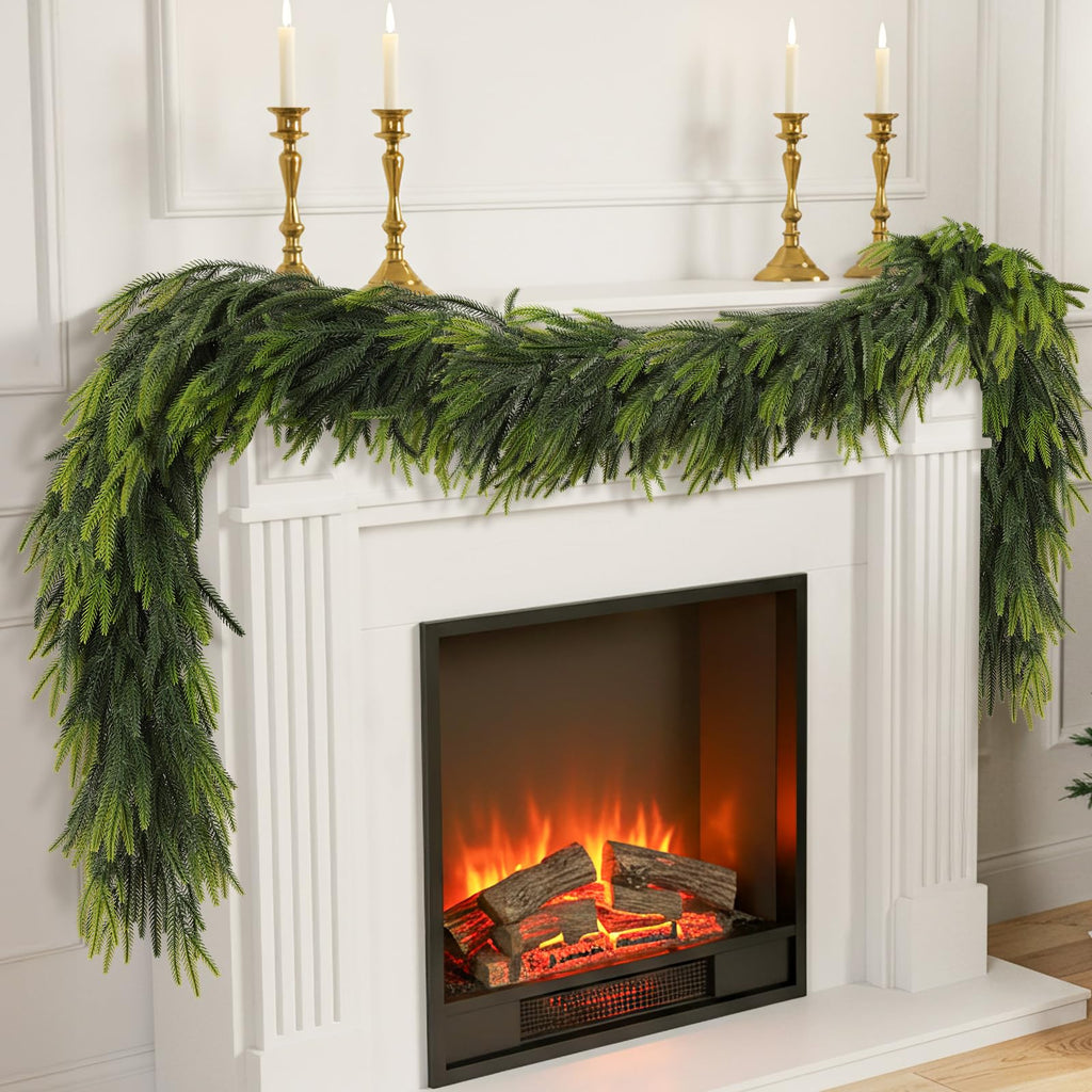N&T NIETING 9FT Christmas Norfolk Pine Garland Real Touch Artificial Greenery Garlands Faux Winter Garland for Mantle Fireplace Table Stair Front Door Indoor Outdoor Holiday Xmas Decorations (1 Pcs)