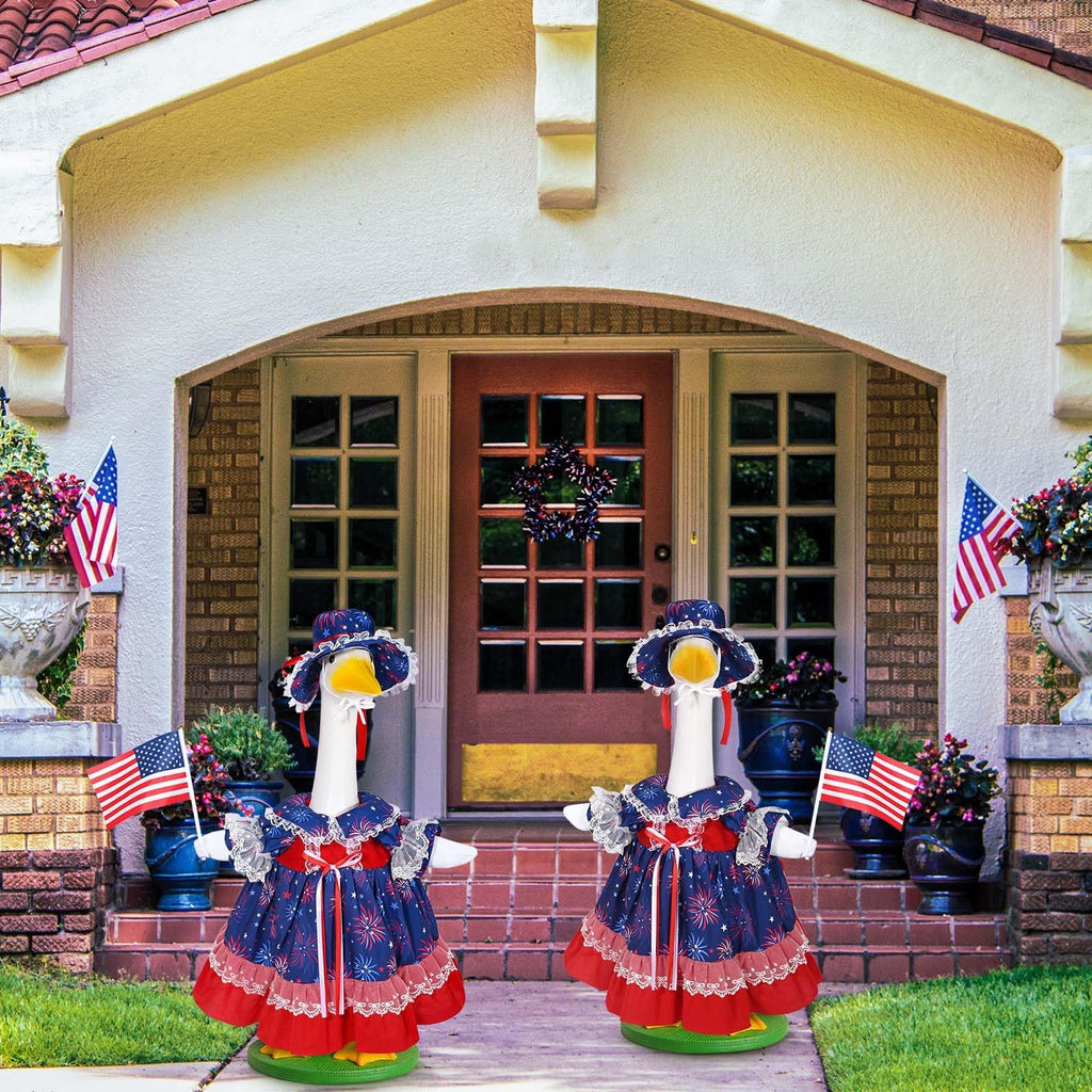 4th of July Porch Goose Outfits Lawn Goose Patriotic Lolita Dress Outfit for 23" Cement Plastic Geese Statue USA 250th Geese Star Firework Clothing Anniversary Outdoor Patio Lawn Garden Decoration