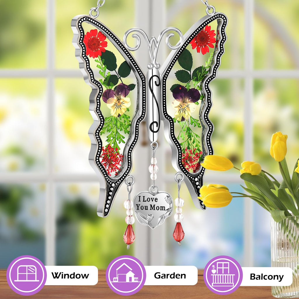 KY&BOSAM Mom Gift Butterfly Glass Pressed Flowers Suncatcher Window Hanging