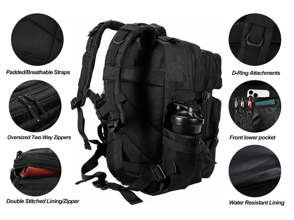 LHI Military Tactical Backpack for Men and Women 45L Army 3 Days Assault Pack Bag Large Rucksack with Molle System Black