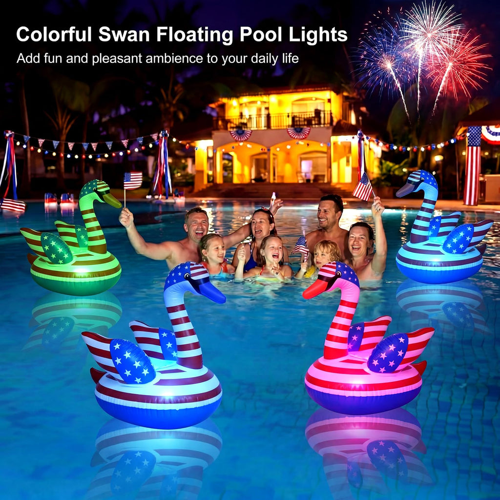 Arrowbash 2 Pack 4th of July Inflatable Swan Floating Pool Lights 19 x 16 Inch Led Patriotic Inflatable Floating Pool Lights Red White and Blue Glow in The Dark Pond Decoration for Memorial Day Party