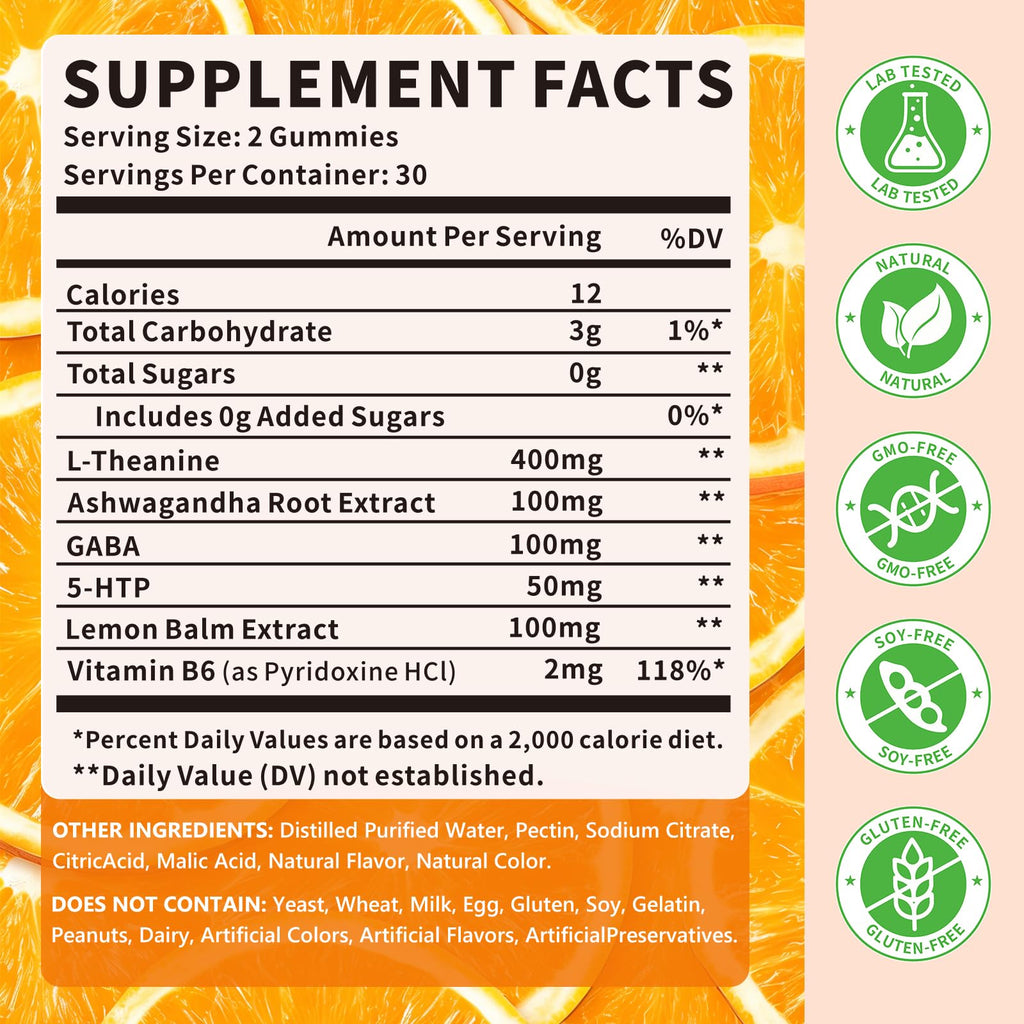 YXSW L-Theanine Gummies, Chewable L-Theanine Supplement for Adults & Kids 400mg with Ashwagandha, GABA, 5HTP for Relax, Zzz & Focus Support, Orange Flavor, 60 Counts