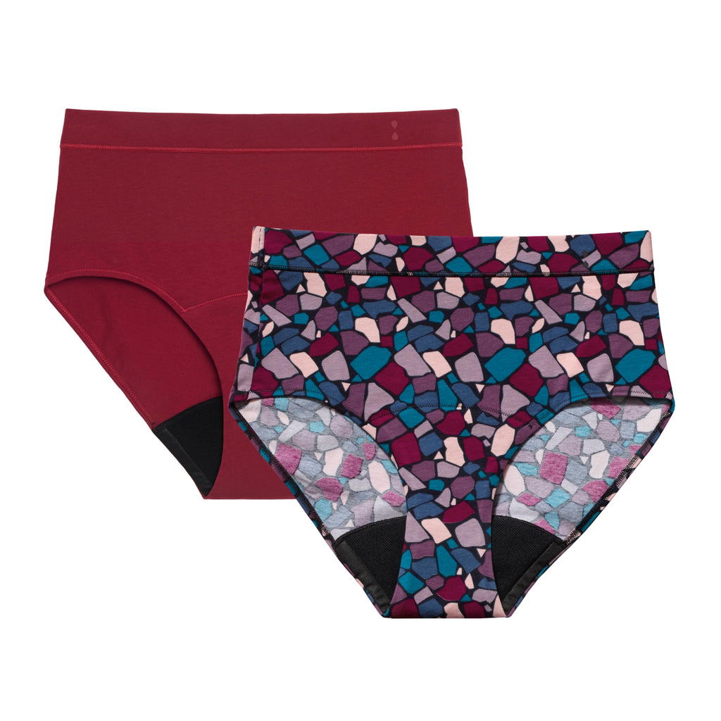 Thinx for All Period Underwear, Everyday Comfort Hi-Waist, Holds Up to 12 Regular Tampons*, Period Panties, Leakproof, Reusable & Controls Odor, Mosaic + Rhubarb, 2 Pack, L