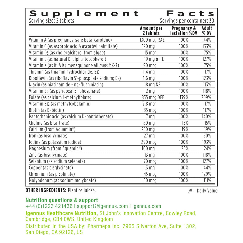 Igennus Methylated Prenatal Multivitamin for Women, Folate for MTHFR, High Absorption, Pure & Clean, Gentle Iron, Choline, Calcium & Magnesium, Vegan Pregnancy Vitamins, Halal, Non-GMO, 60 Tablets