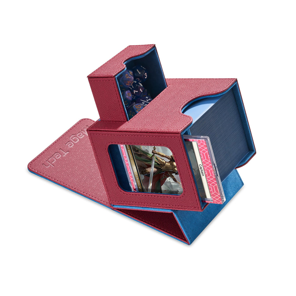 Mage Tech Card Deck Box for MTG Commander - Patented Design, Commander Display, Fits 100 Double-Sleeved Cards, 35pt Card Brick & Dice Tray - Red/Blue