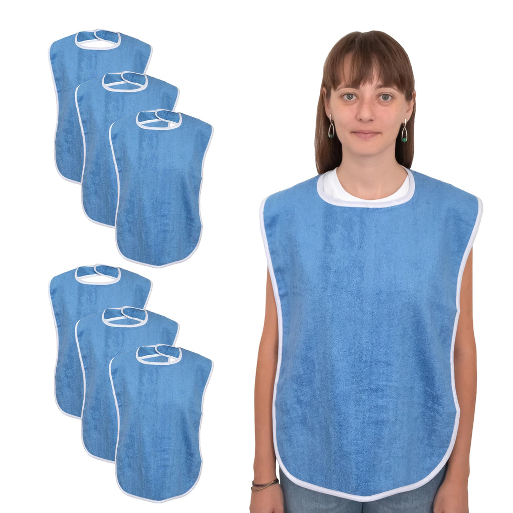 Elaine Karen 6 Pack Premium Adult Bibs for Women & Men, Eating Cloth for Elderly Seniors and Disabled, Adjustable, Terry Bib Clothing Protectors, Machine Washable, Blue