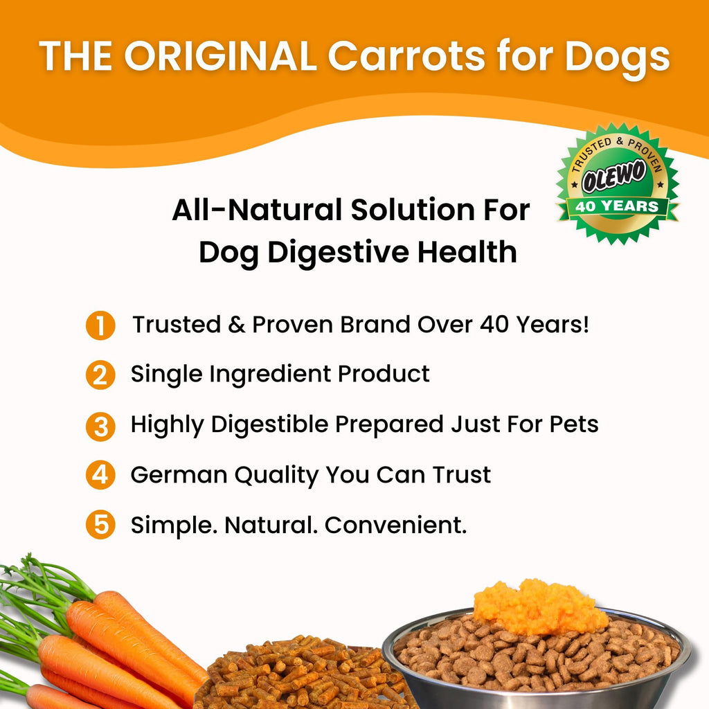 Olewo Carrots Digestive Dog Food Supplement, effective dog diarrhea relief for over 35 years, adds natural source vitamins to any dog food to promote overall health, 1-ingredient, non-GMO product, Made in Germany, 2.2 Pounds