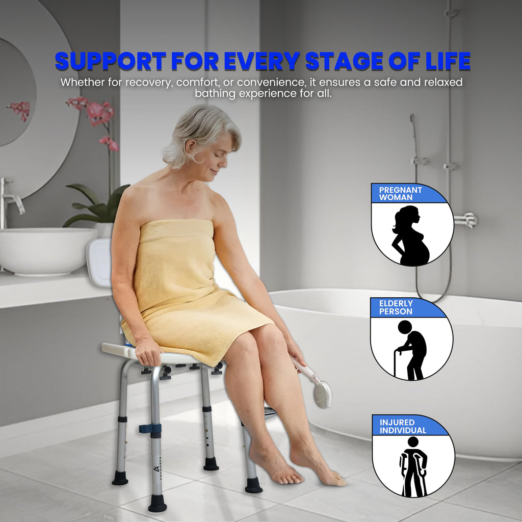 AQUADREA Shower Chair for Inside Shower With Soap box - Height Adjustable Shower Chair for Elderly and Disabled with Removeable Back & Enhanced Non-Slip Feet - Lightweight Aluminum Construction - Blue