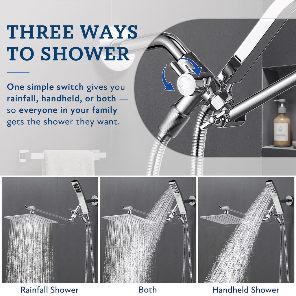 G-Promise All Metal 8 Inch Dual Square Shower Head with Handheld Spray Combo, Rain Shower Head, Adjustable Extension Arm, Smooth 3-Way Diverter, 71 Inch Extra Long Hose - A Bathroom Upgrade (Chrome)