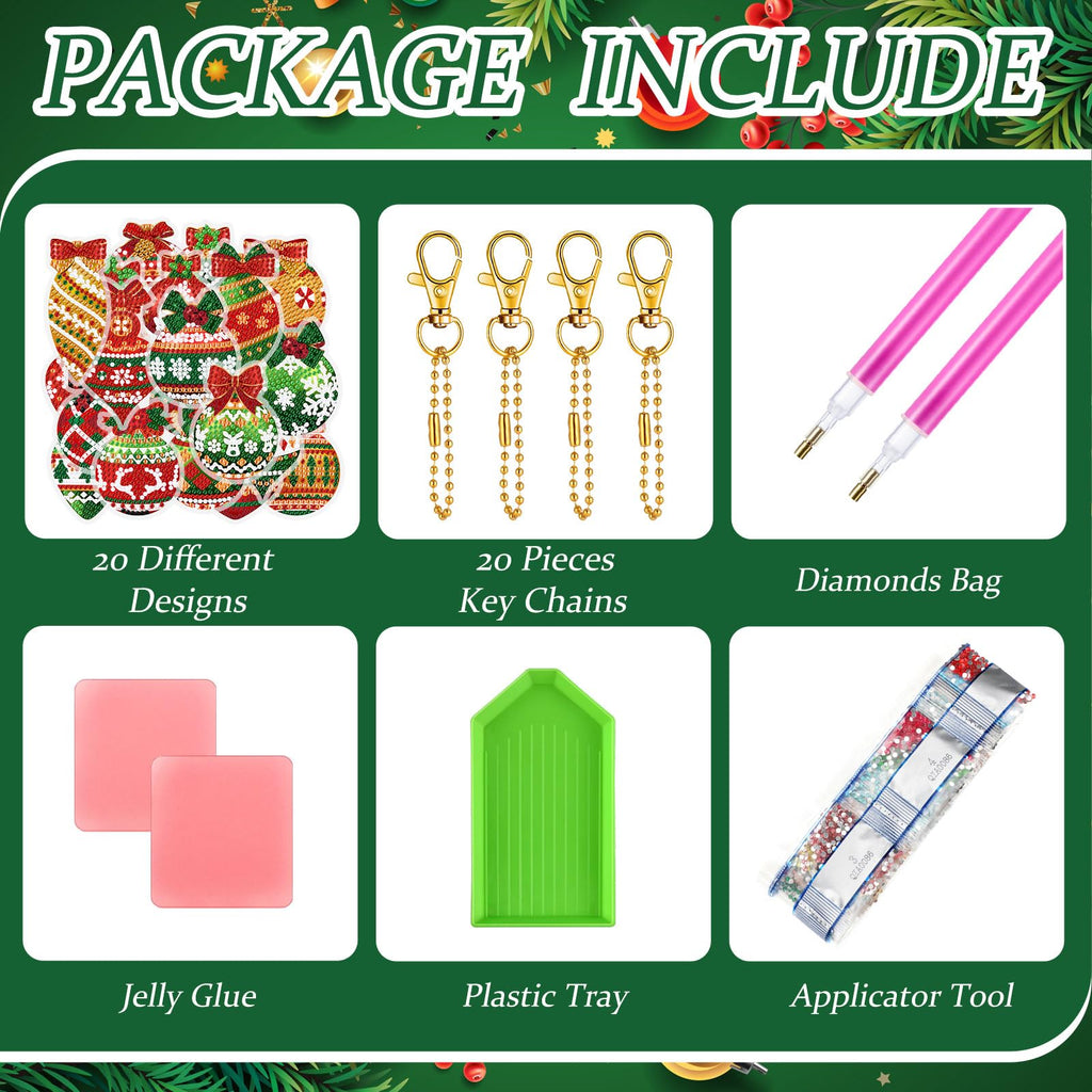 Tondiamo 20 Pcs Christmas Diamond Painting Keychain Kits 5D DIY Diamond Art Pendants Double Sided Hanging Key Chains for Christmas Party Decoration DIY(Balls Style)
