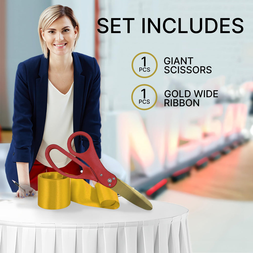 Grand Opening Ribbon and Scissors – Red 20 Ribbon Cutting Scissors with Gold Blade and Golden Satin Ribbon for Special Events & Inaugurations