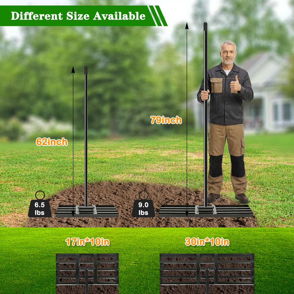 Tegarbed Lawn Leveling Rake 30x10 inch - Professional Ground Leveler for Soil & Sand, 6.5FT Ergonomic Long Handle Landscape Rake for Garden, Backyard, Top Dressing , Black
