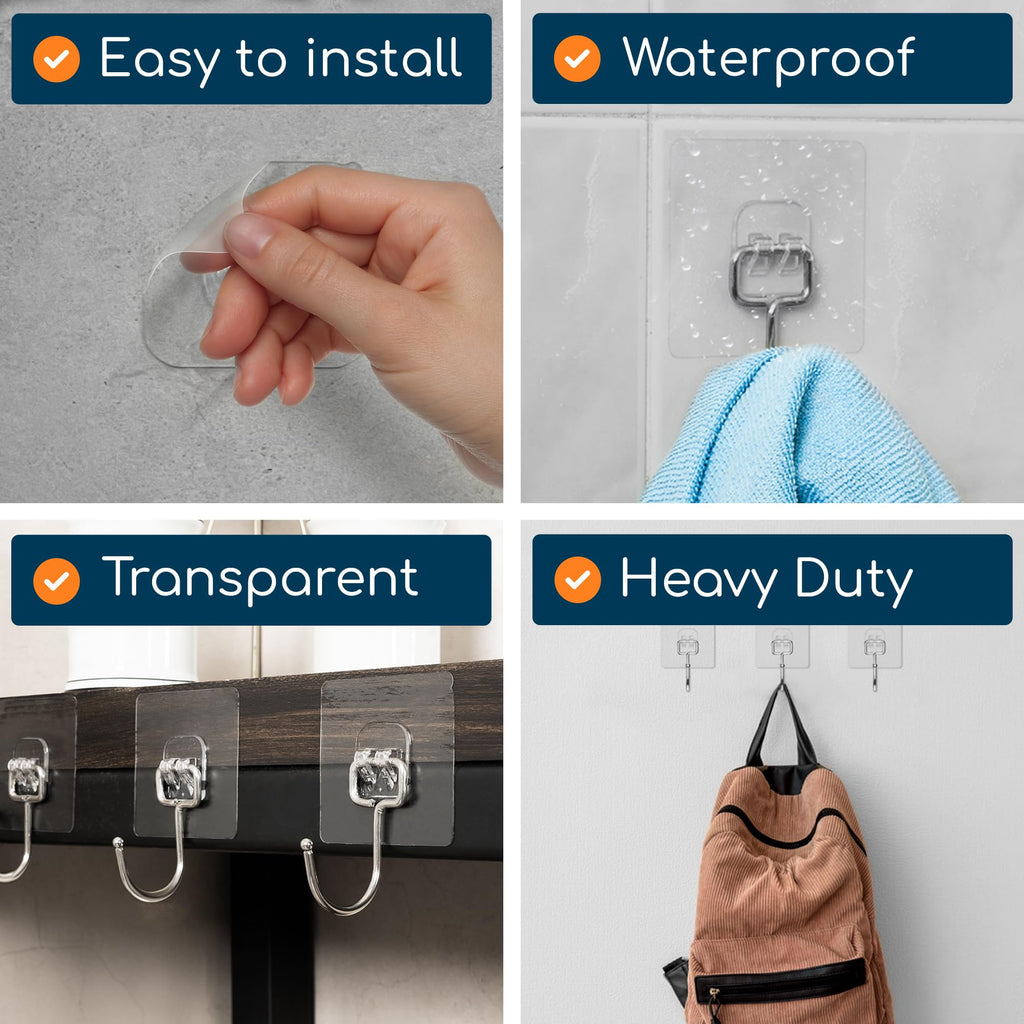 GLUIT Adhesive Large Wall Hooks for Hanging Heavy Duty 22 lbs Hooks for Walls No Drill, Towel Sticky Clear Hooks, Waterproof, Home, Bathroom, Kitchen, Office, and Outdoor, 18 Pack