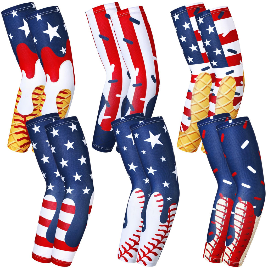 Shyyween 6 Pair Ice Cream Drip Baseball Arm Sleeve Youth American Flag Compression Arm Sleeve Red White and Blue Sport Gift