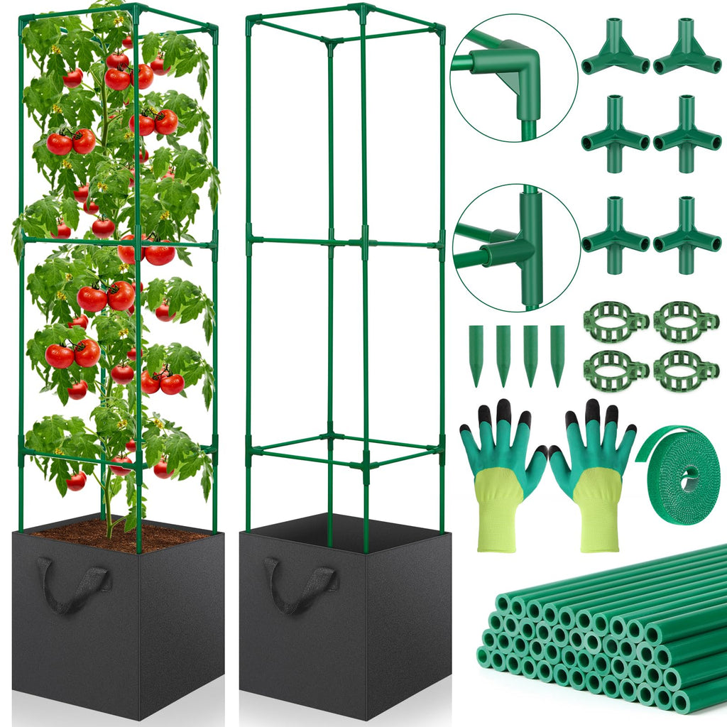 2 Pack Tomato Cages for Garden, 49 Inch Tall Tomato Cage with 7 Gallon Planter Bags, Plant Support Trellis Frames for Garden Cucumber Vegetables Plants Climbing Outdoor Indoor