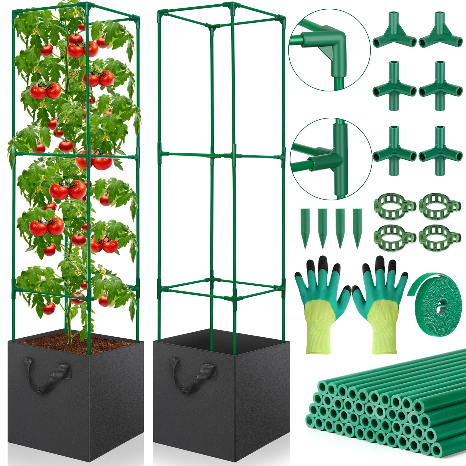 2 Pack Tomato Cages for Garden, 49 Inch Tall Tomato Cage with 7 Gallon Planter Bags, Plant Support Trellis Frames for Garden Cucumber Vegetables Plants Climbing Outdoor Indoor
