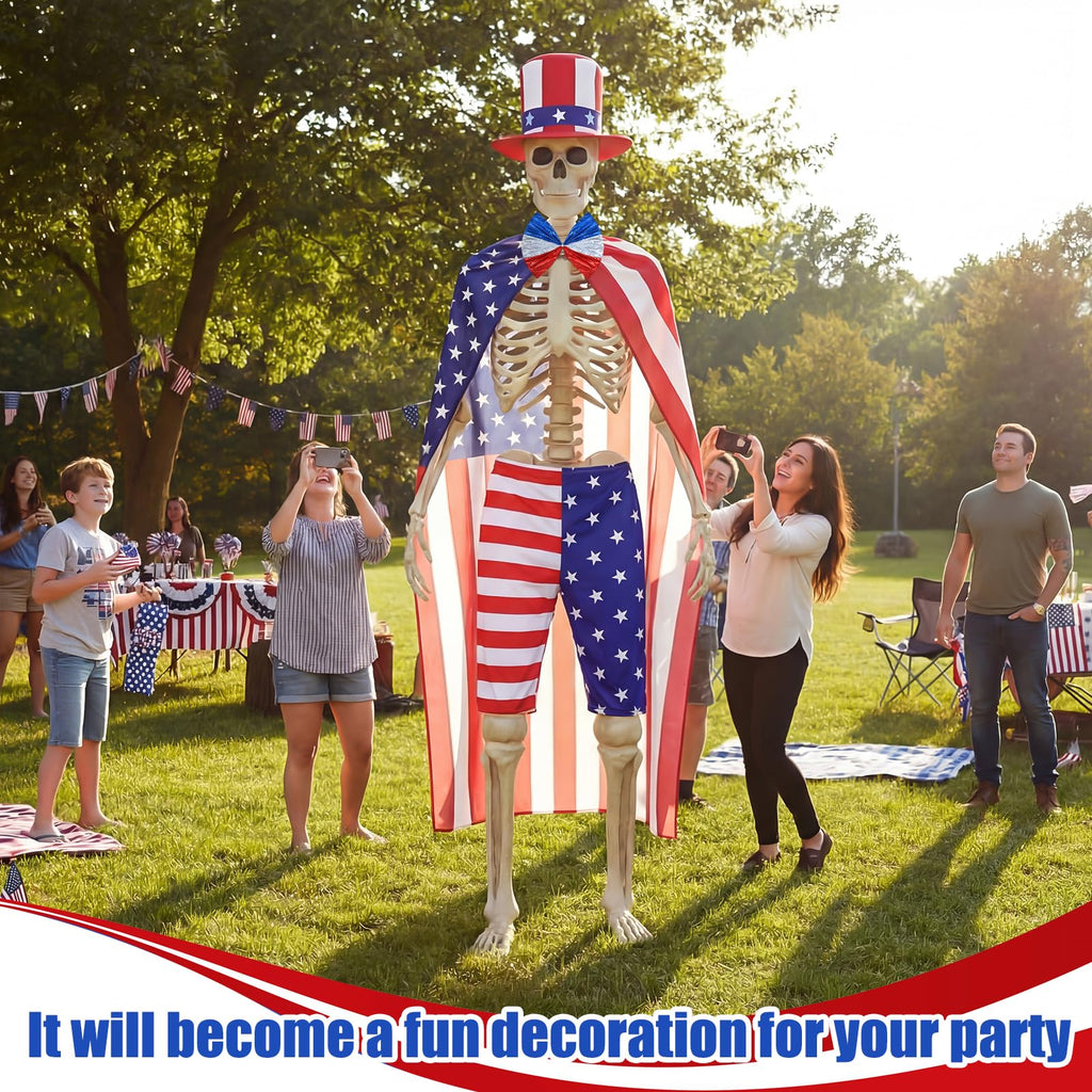 Cozypower 4 Pcs 4th of July 12 ft Skeleton Cloth Accessories, USA Flag Pattern Giant Skeleton Costume with Patriotic Hat, Cloak, Shorts and Bow Tie for Garden Lawn Decor 250th Anniversary Celebration
