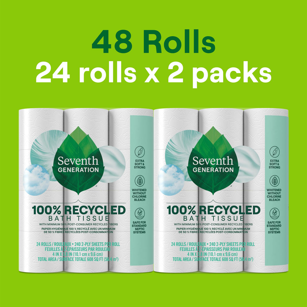 Seventh Generation Toilet Paper, 100% Recycled 2-Ply Bath Tissue, 2 Pack x 12 Rolls of 240 Sheets, Extra Soft, Strong for Home & RV, Whitened without Chlorine Bleach, No Dyes, Fragrances, Septic Safe