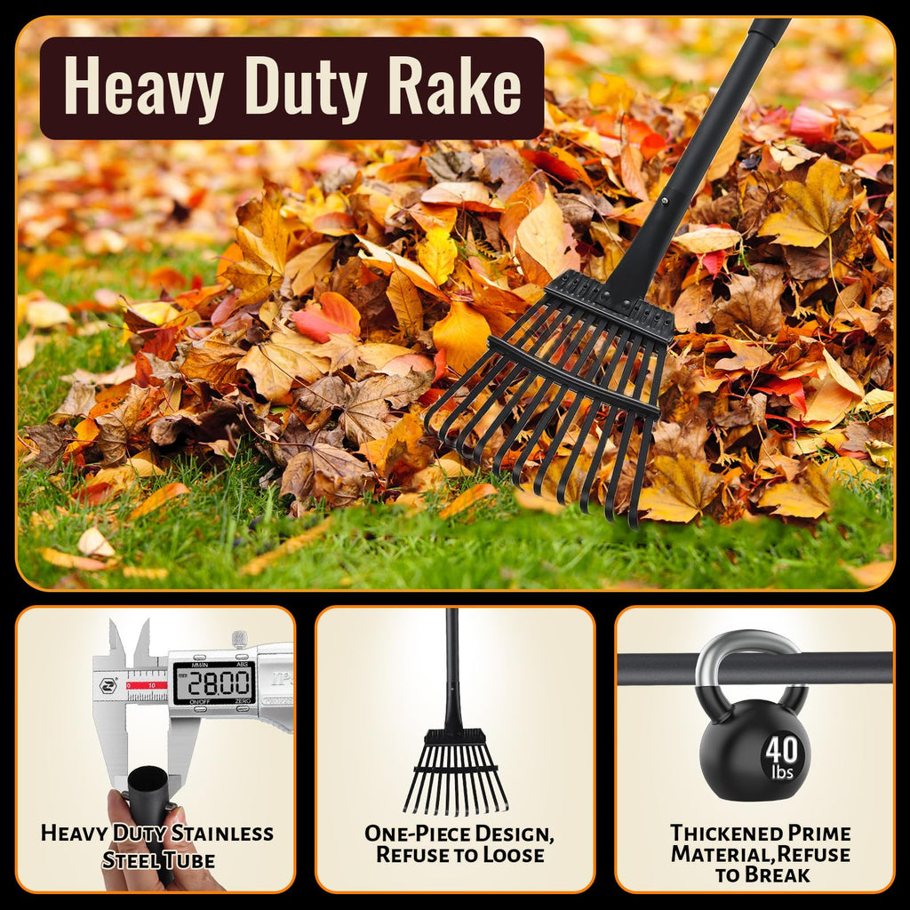 Small Rakes for Garden Beds,11 Tines Heavy Duty Metal Yard Hand Rake with 63in Adjustable Handle,Ideal Gardening Rakes for Gathering Leaves,Shrub,Dog Poop,Garden Flower Beds