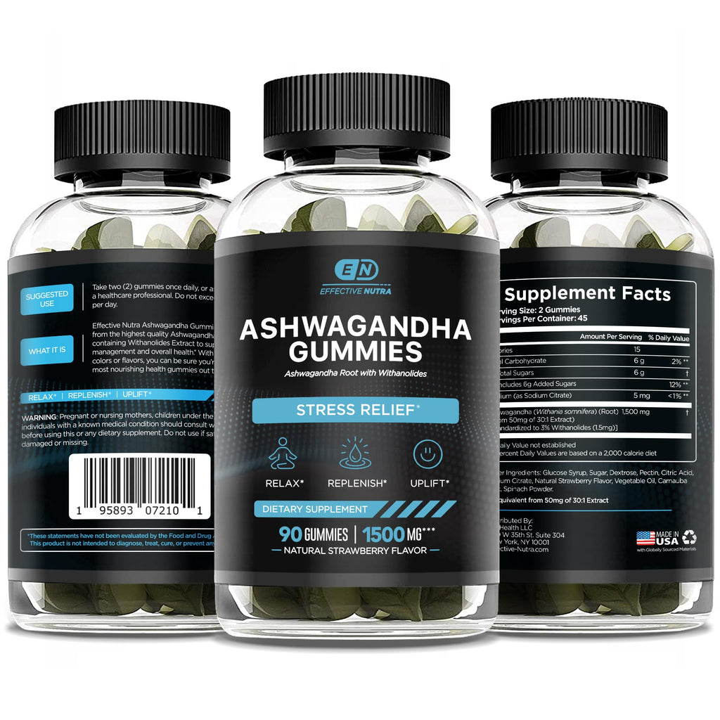 Effective Nutra Ashwagandha Gummies 1500mg – Extra Strength Stress & Sleep Support – 90-Day Supply, Just 2 Gummies Daily – Vegan, Non-GMO, Third-Party Tested – Made in USA (2-Pack)