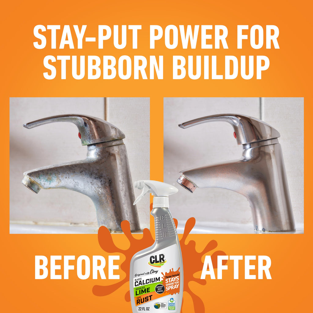 CLR Brands Calcium, Lime & Rust Remover with Cling, 22 oz. Spray Bottle, Adheres to Hard-to-Reach Surfaces, Blasts Calcium, Dissolves Lime Deposits, Zaps Stubborn Rust Stains and Hard Water Deposits