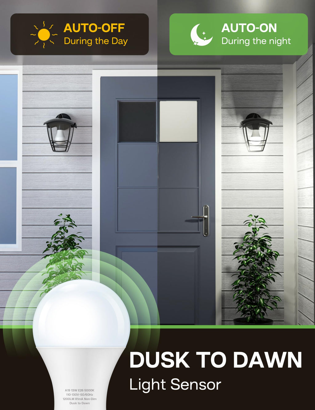 Eastiya Dusk to Dawn Sensor LED Outdoor Light Bulb, Daylight White 5000K, A19 13W(100 Watt Equivalent) Bright Porch Lighting, 1200LM, Auto-On/Off Photocell Sensor for Garage Yard Patio Garden- 6 Pack