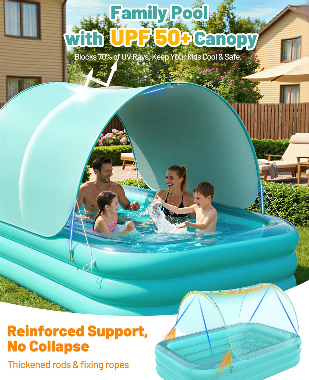 HeySplash Inflatable Pool with Canopy, Swimming Pool for Adults, Large Blow Up Pool Ideal for Family Backyard Garden Party, Outdoor Summer Fun, 102" x 65" x 22"(Green)