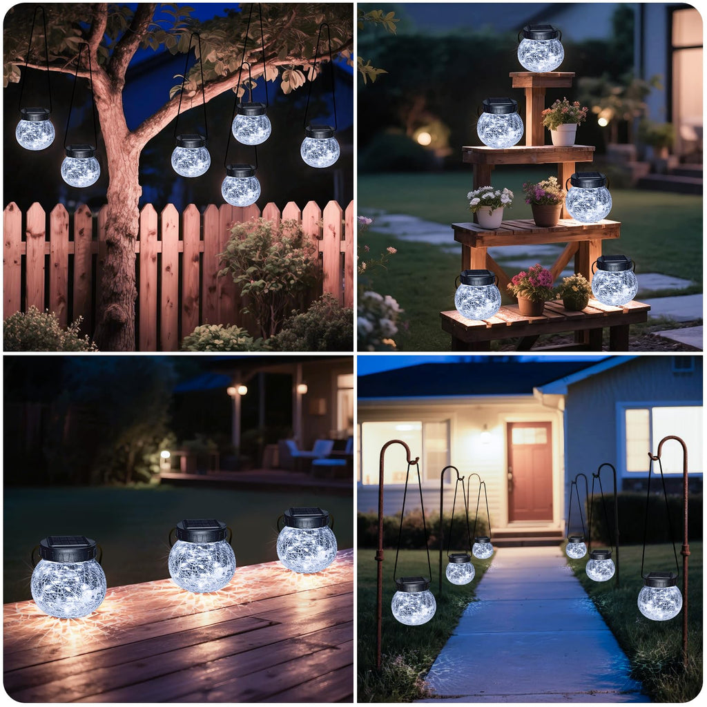 Kolpop Solar Lanterns Outdoor Waterproof 6 Pack, Hanging Solar Lights with 30 LED, Cracked Glass Hanging Globes for Garden Patio Fence Yard Christmas Tree Decoration, Cold White