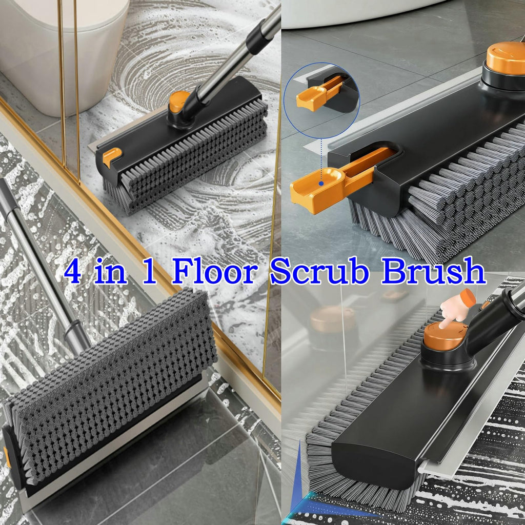 ARAINY 4 in 1 Floor Scrub Brush with Squeegee Long Handle Grout Brush 52'' 2026 New Multi-Functional Stiff Bristle Cleaning Scrub Brush Rotating Tile Brush for Cleaning Bathroom Patio, Pool, Garage